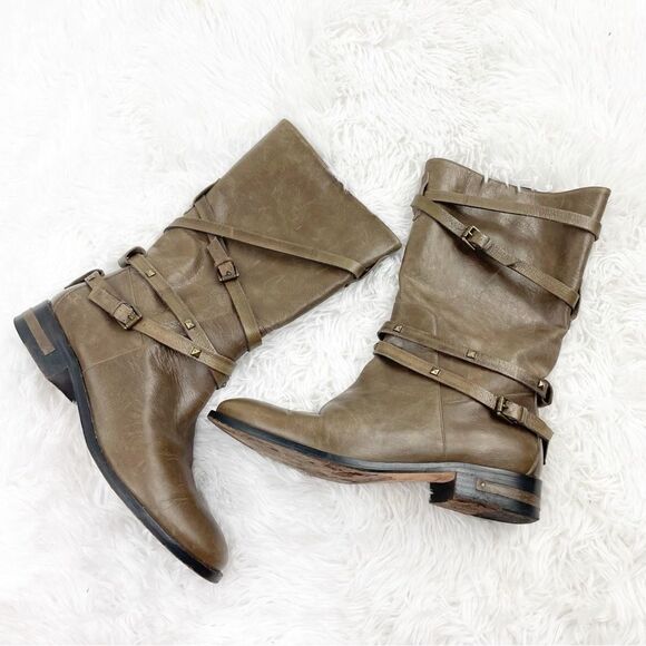 Freda Salvador Strappy Round Toe Leather Moto Boots